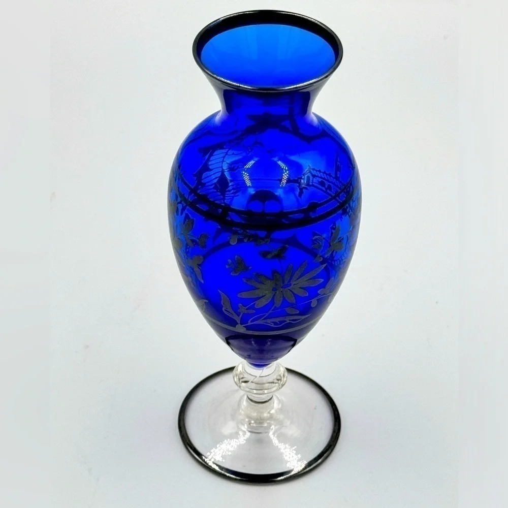 Vintage Cobalt Blue and Sterling Silver Overlay Floral Bud Vase